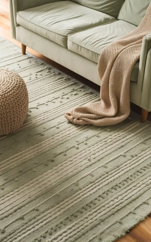 A photo of a cozy sage green living room with a soft, sage green textured area rug in sage tones beneath a plush cream-colored sofa. The room features layered decor, including a jute ottoman and a knit throw blanket. The rug harmonizes with the natural wood floors, enhancing the organic and welcoming atmosphere.