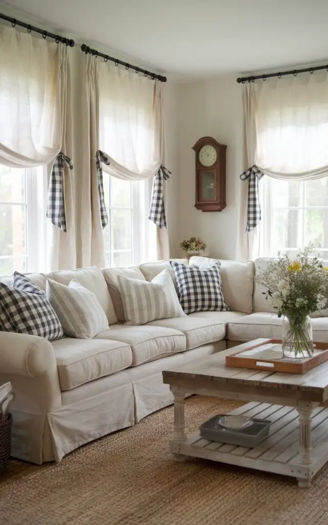 A cozy farmhouse-style living room with a beige sectional sofa layered with gingham and solid pillows. The room has a distressed wood coffee table and a natural jute rug. There are crisp white tie-up curtains with linen ribbons tied in perfect bows. A vintage wall clock and a vase of wildflowers are placed in the room, adding to the country charm.