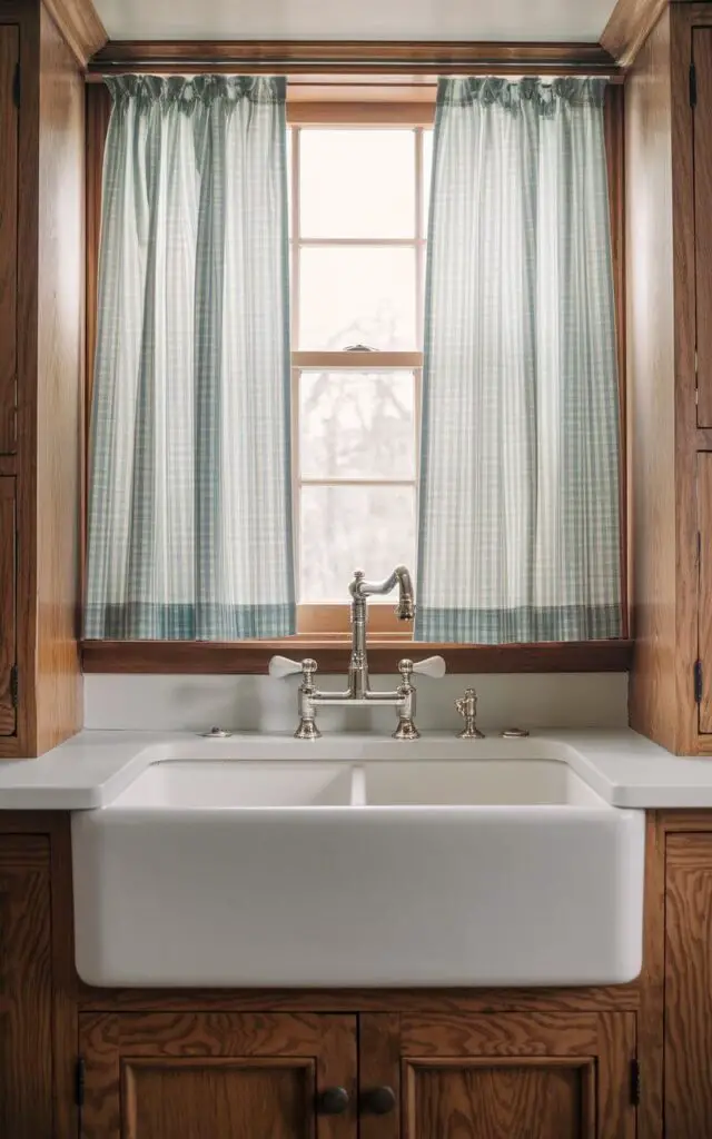 A photo of a farmhouse kitchen sink with a single-handle faucet. The sink is surrounded by wooden cabinetry. Above the sink, there's a window with simple gingham pattern curtains in soft blue and white. The room has a warm, inviting atmosphere.