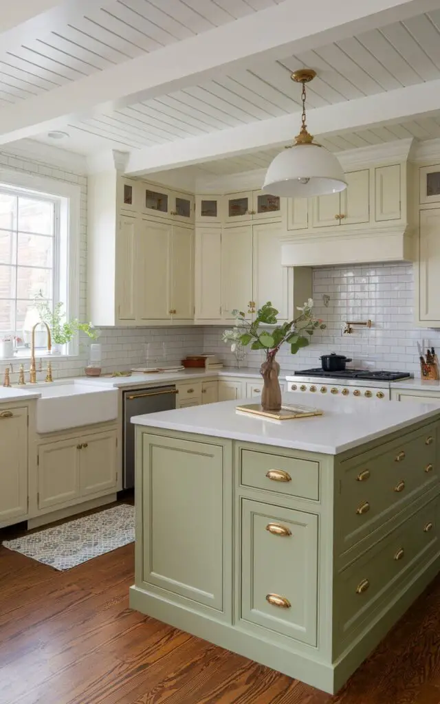 A transitional sage green kitchen with two-tone cabinetry, combining sage green lower cabinets with creamy white uppers. The green base cabinets anchor the space, while brass hardware adds warmth and elegance. The kitchen features a central island with a white quartz countertop, providing ample workspace. A classic white tile backsplash ties the entire look together, blending vintage charm with modern sophistication.