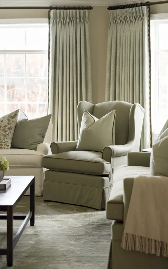 A photo of a classic sage green living room with upholstered furniture in the signature shade. The centerpiece is a cozy sage green armchair with a soft throw blanket. A nearby beige sofa is styled with complementary sage green pillows. The room features a dark wooden coffee table, textured curtains, and a rug with subtle green undertones, making the design feel both elegant and inviting.