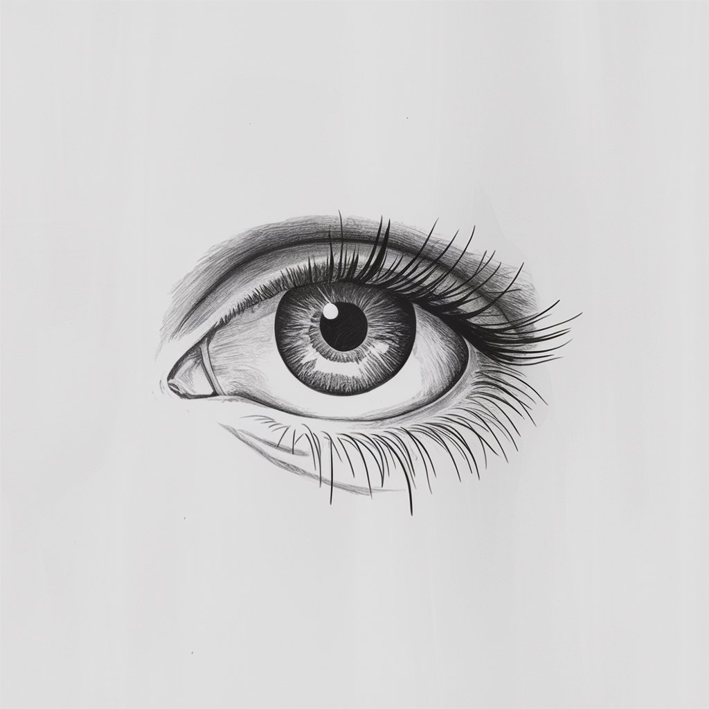 A pencil drawing of an upside-down eye with a plain white background. The iris of the eye is at the bottom of the composition, and the lashes curl downward. The drawing is minimalist and has a simplistic style. The eye is drawn in a way that plays with perspective.