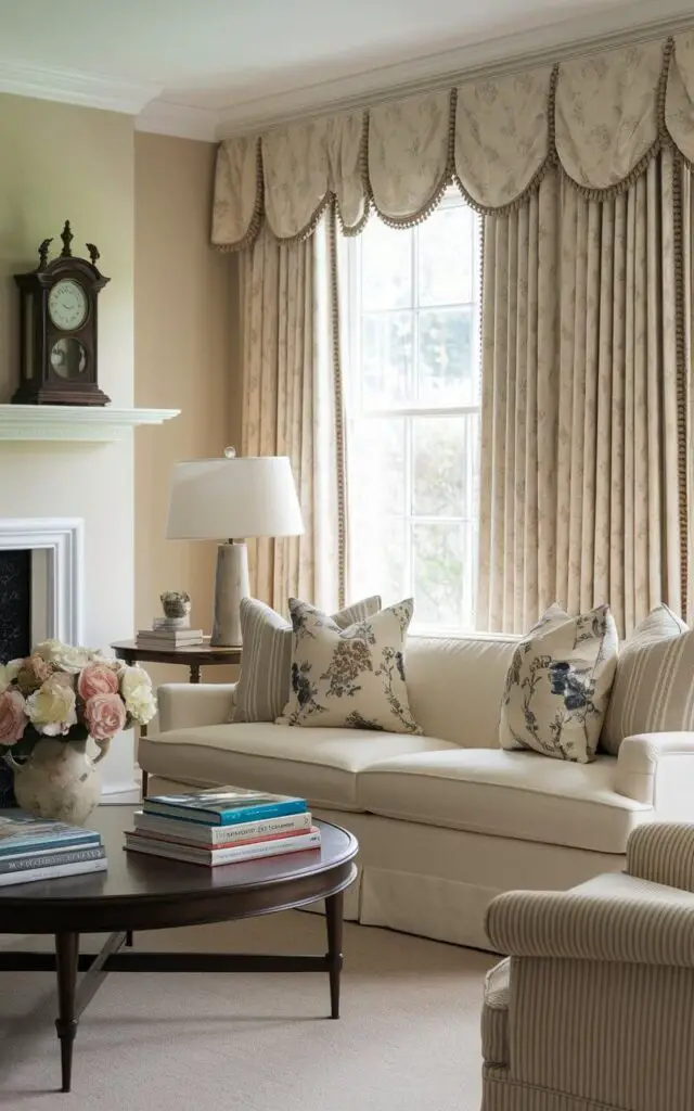 A photo of a timeless living room with soft beige curtains topped with scalloped valances in a matching fabric. A very cozy cream sofa is styled with a mix of classic striped and floral throw pillows. A round mahogany coffee table holds a stack of books and a ceramic lamp, while an antique clock adorns the mantel.