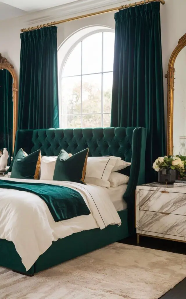 A photo of a richly decorated bedroom with deep emerald green velvet curtains framing a large window with a gold rod. The room has a cozy bed with a tufted velvet headboard in matching green, dressed in crisp white bedding and accented with gold and dark green throw pillows. There's a plush cream area rug, a vintage gold-framed mirror, and a marble-topped nightstand. The overall space has a sophisticated look.