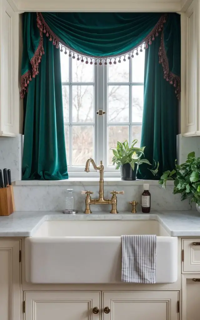 A photo of a luxurious farmhouse kitchen sink with a polished brass faucet. The sink is made of white ceramic material. Above the sink, there is a window with velvet kitchen window curtains in a deep emerald green color. The marble countertops and antique brass fixtures complete the opulent design. The background contains a few kitchen tools and a potted plant.