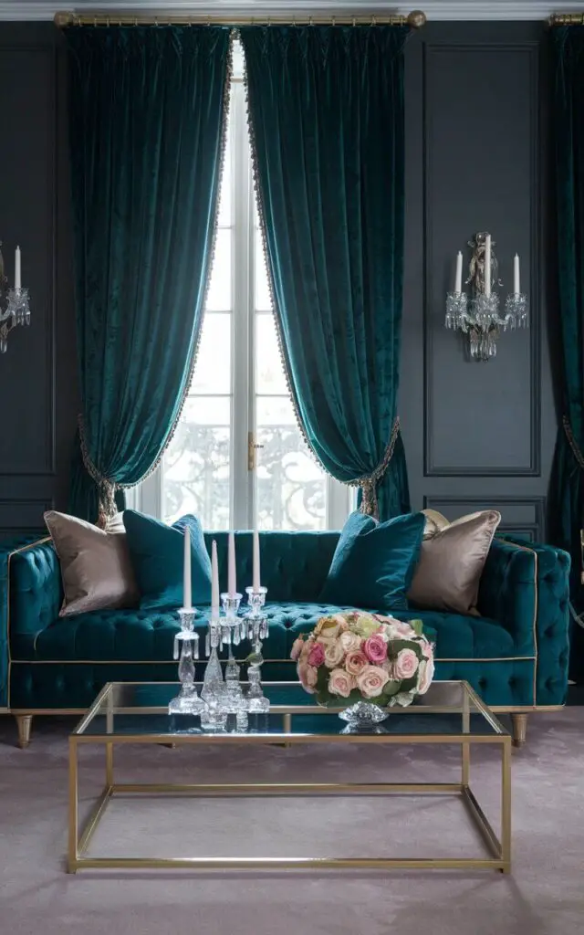 A photo of a luxurious living room with emerald-green velvet window curtains hanging dramatically against dark gray walls. A very cozy deep-blue tufted sofa with gold accents sits in the center, layered with silk and velvet cushions. A glass-and-brass coffee table holds elegant décor like crystal candleholders and a bouquet of roses. A plush rug completes the opulent feel.