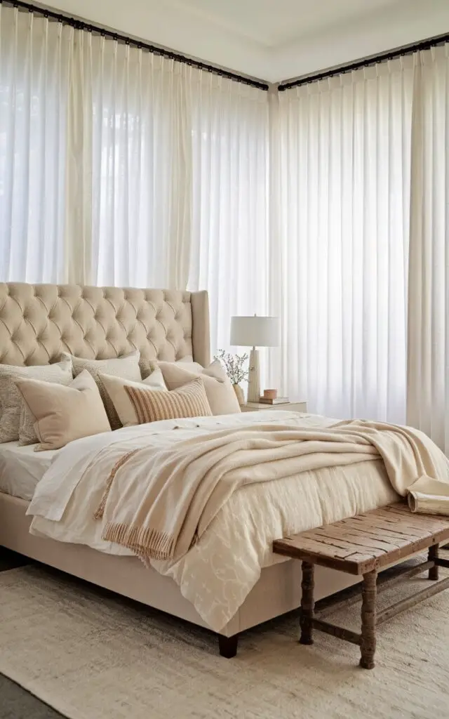 A dreamy bedroom with a window styled with layered voile curtains in crisp white, creating soft and diffused lighting. The room features a cozy upholstered bed with a diamond-tufted headboard in soft beige, dressed in light, layered bedding and a plush throw. A rustic wooden bench is placed at the foot of the bed, and a simple, neutral area rug covers the floor. The overall aesthetic is serene and layered.