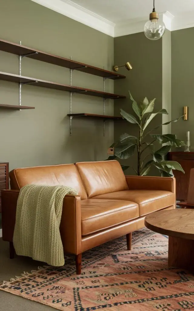 A photo of a sage green living room with a cozy tan sofa and a knit throw draped over the armrest. The walls are painted sage green, matched with wooden furniture, including a round wooden coffee table and wooden open shelving. The space is accented with a leafy green plant, a patterned rug, and a brass light fixture, blending modernity and warmth seamlessly.