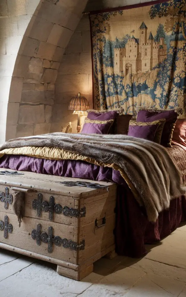 A photo of a medieval bedroom with a cozy bed and an intricately carved wooden chest at its foot. The chest has ornate iron hinges and latches, serving as a functional and decorative piece. The bed is draped in rich purple and gold bedding. A fur throw adds texture to the bed. A tapestry depicting a castle scene hangs above the bed. The stone walls and soft lighting complete the authentic medieval feel.