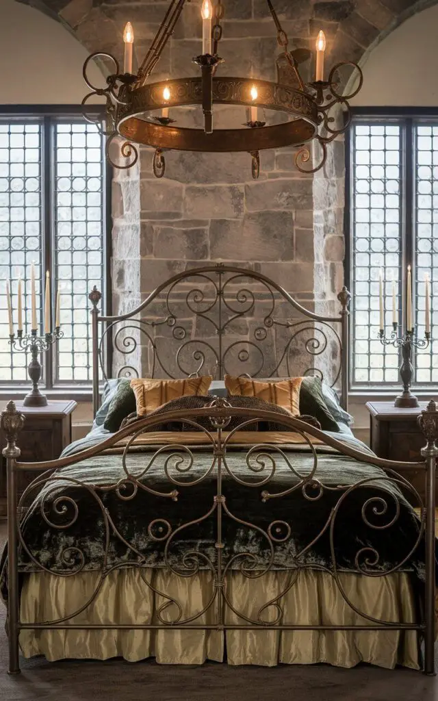 A photo of a medieval bedroom with a cozy bed. The bed has a wrought iron headboard and footboard with intricate scrollwork. Above the bed, a grand wrought iron chandelier hangs, casting warm light over the room. Wrought iron candelabras sit on the wooden nightstands. The windows are adorned with wrought iron grilles. The bed is layered with soft velvet bedding in dark green and gold tones. A stone accent wall adds texture to the background.