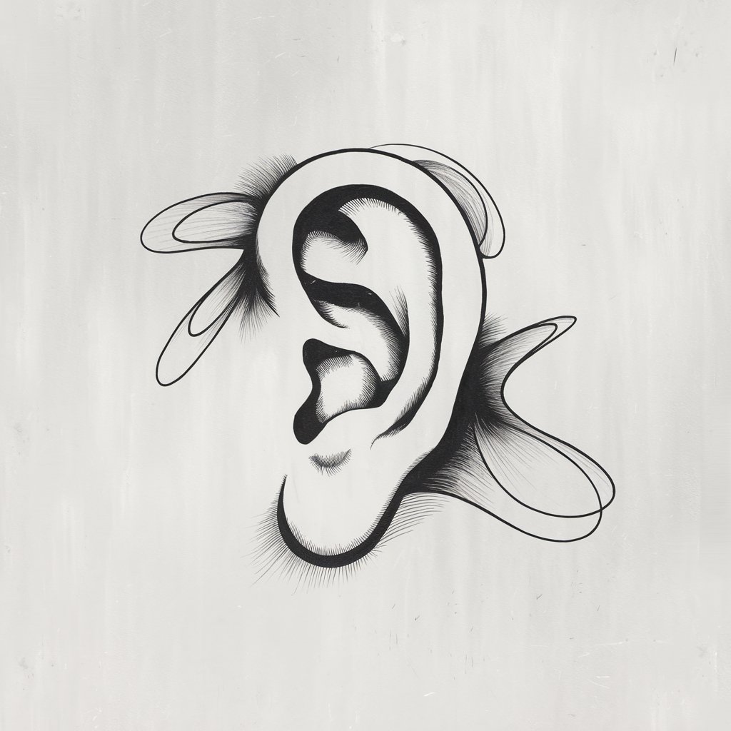 A minimalist, plain white background pencil drawing illustration of a creatively abstract ear. The ear is black and white, drawn in a simplistic style with geometric shapes and swirling lines, emphasizing artistic expression over realism.