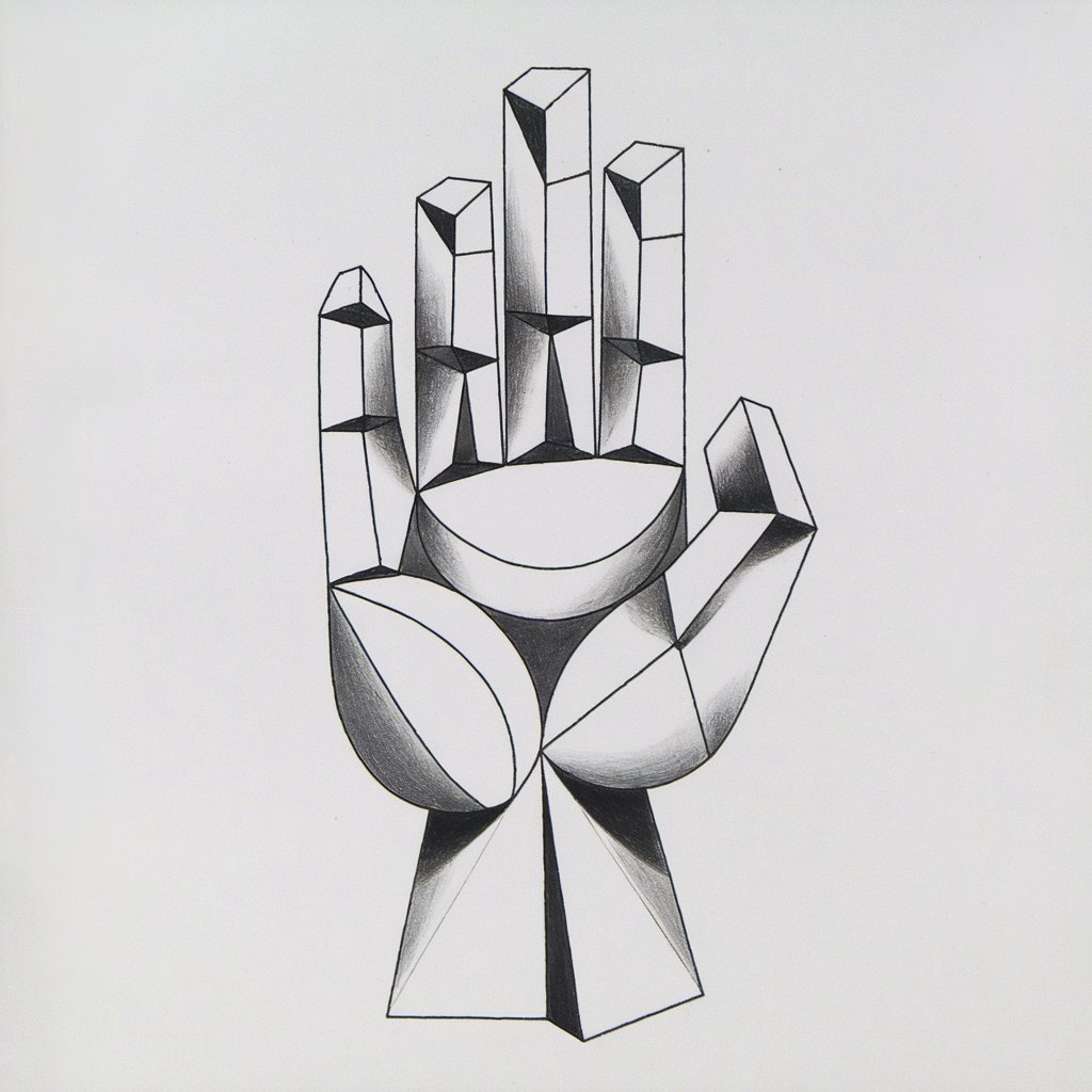 A minimalist, plain white background pencil drawing illustration of an abstract hand composed of geometric shapes, curved lines, and unconventional proportions. The fingers are fragmented into angular segments, and the palm is reimagined as overlapping forms. Shading is minimal, emphasizing the bold, creative structure. Drawn in a simplistic style, the piece feels modern and imaginative.