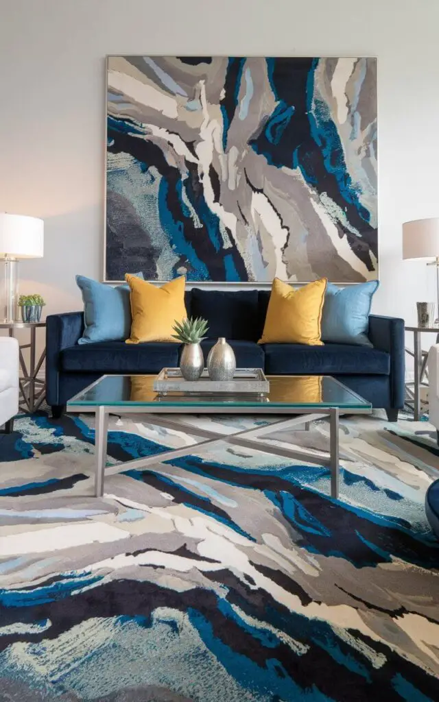 A photo of a vibrant and modern living room. The room features an abstract-patterned living room rug with swirling shades of blue, gray, and white. The cozy navy blue sofa is accented with yellow throw pillows for a pop of contrast. A glass coffee table with metallic accents sits atop the rug. An oversized art piece on the wall echoes the rug's dynamic design. The abstract rug becomes the room's statement piece, adding movement and artistic flair.