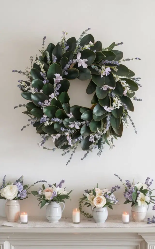 A photo of a light, floral spring wreath hanging centered above a simple white mantel. The wreath is crafted from delicate magnolia leaves, lavender sprigs, and tiny white blossoms, giving it an airy and elegant look. Below, the mantel is styled with matching floral arrangements in ceramic vases, small candles, and a light-colored runner. The overall composition feels fresh and inviting, perfect for spring.