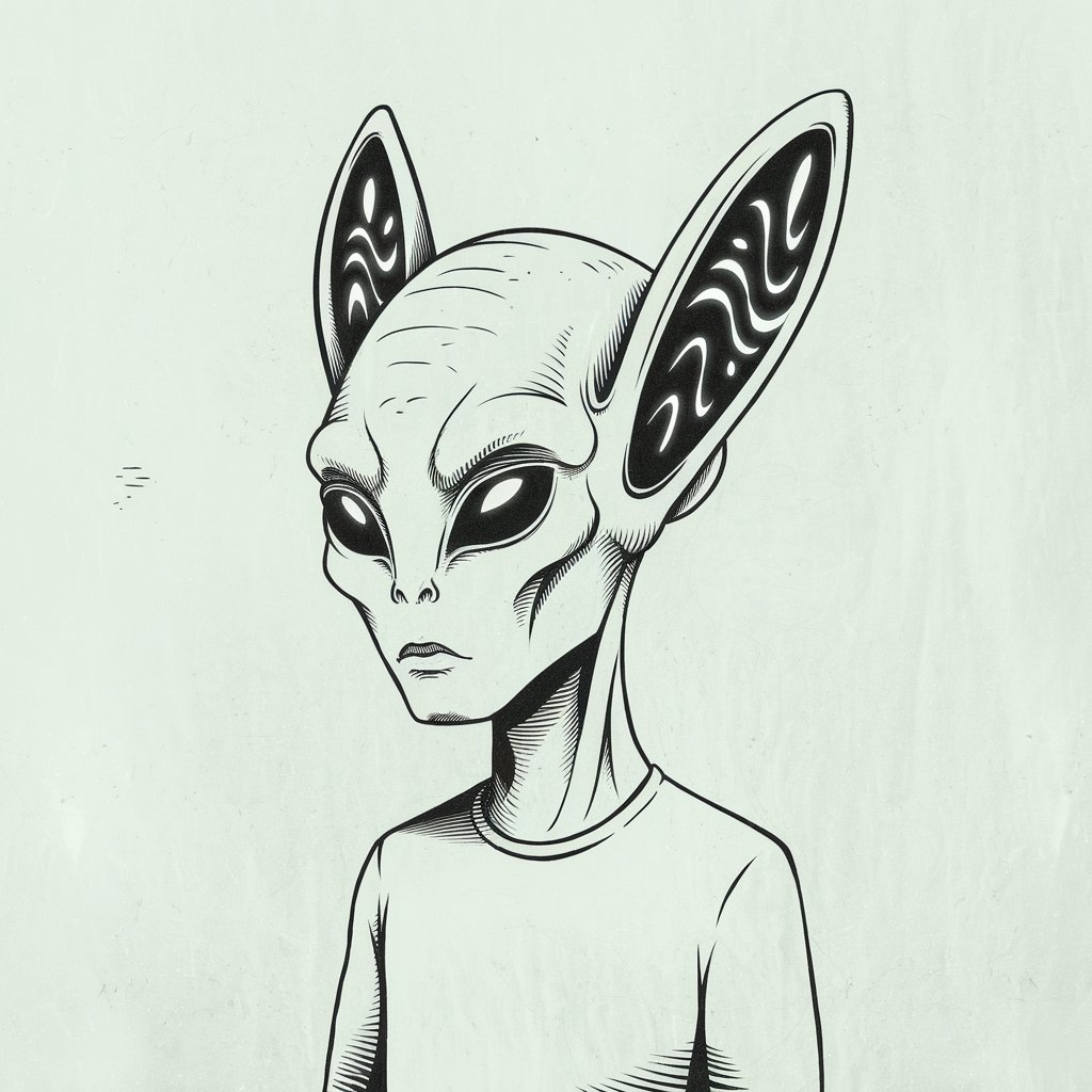 A minimalist, plain white background pencil drawing illustration of an alien character with a uniquely shaped alien ear. The ear is black and white, drawn in a simplistic style, featuring elongated curves and glowing patterns that suggest an extraterrestrial origin. The alien character is wearing a plain white shirt.