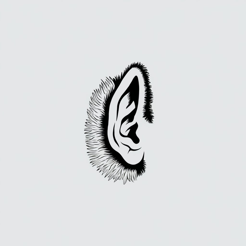 A minimalist, plain white background pencil drawing illustration of a hybrid ear blending human and fox-like features. The ear is black and white, drawn in a simplistic style with fur details and a slightly pointed shape.