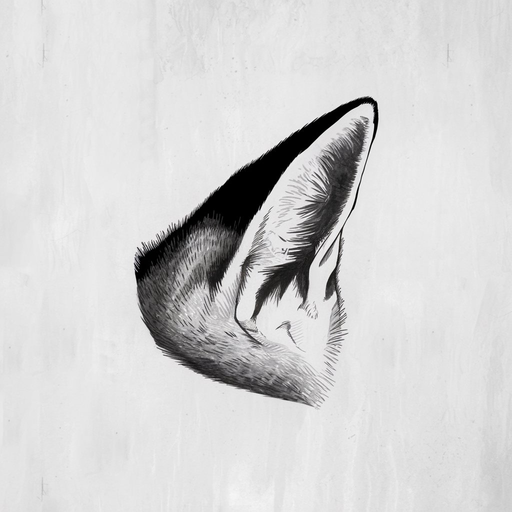 A minimalist, plain white background pencil drawing illustration of a fox-like ear. The ear is black and white, drawn in a simplistic style with fur textures and a sharp, triangular shape. It combines animalistic details with clean, easy-to-follow lines.