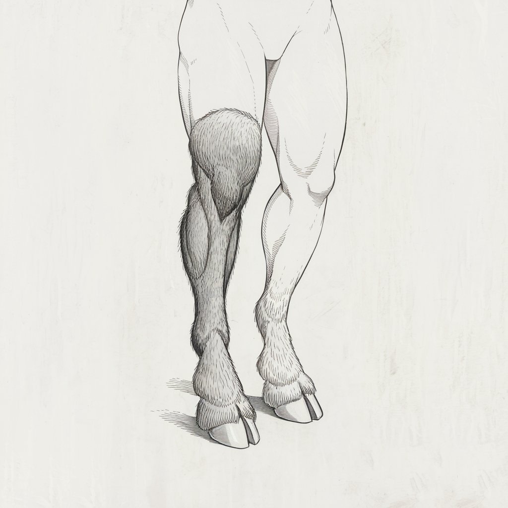 A minimalist, plain white background pencil drawing illustration of hybrid legs merging human and animal features. The upper portion resembles human thighs, transitioning seamlessly into fur-textured legs ending in detailed hooves. Subtle, soft lines convey the texture of the fur, while the hooves are smooth and slightly glossy. The anatomy blends naturalistic proportions with fantastical elements, drawn in a simplistic style that emphasizes clean contours and muted shading for an imaginative yet minimalist design.