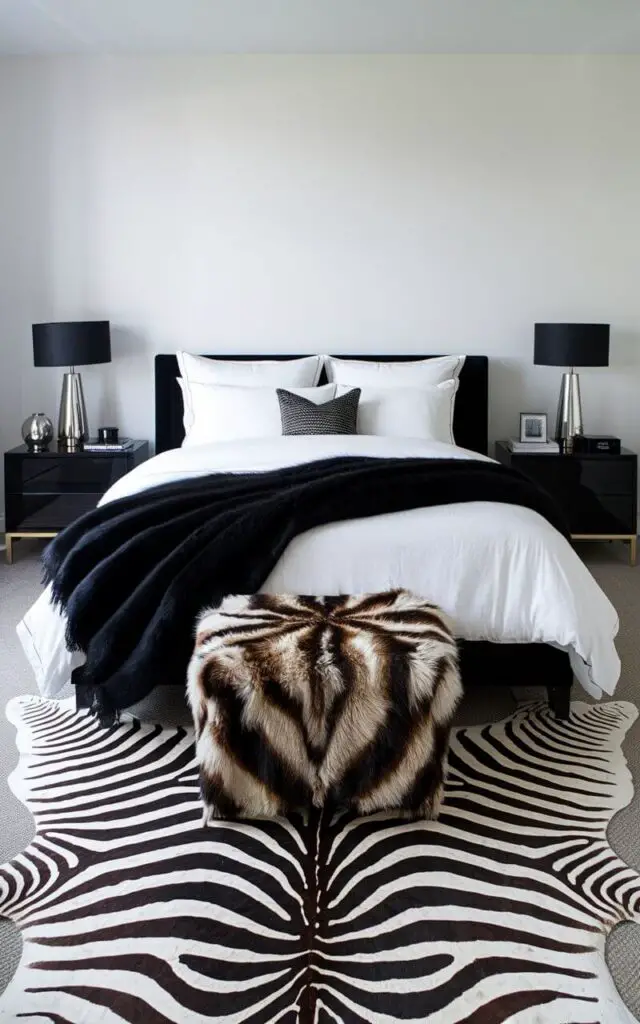 A photo of a bold and stylish bedroom with a zebra-print rug positioned beneath a cozy bed dressed in crisp white linens and a dramatic black throw blanket. The rug's striking pattern contrasts beautifully with the minimalist decor, which includes sleek black bedside tables and contemporary table lamps. A fur ottoman and metallic accents add to the space's chic and glamorous aesthetic.