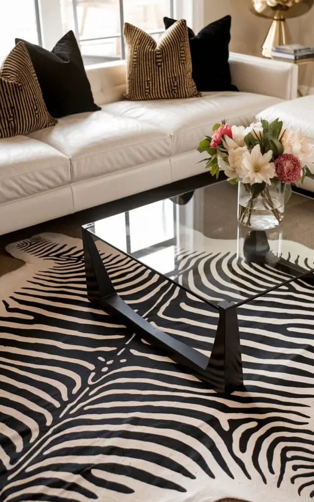 A photo of a bold and eclectic living room with a zebra-print rug. The rug immediately catches the eye. The cozy white leather sofa is decorated with black-and-gold throw pillows, tying into the rug's striking pattern. A plain black glass coffee table with angular legs and a vase of flowers adds a modern touch. The animal-print rug adds drama and personality, making this living room a showstopper.