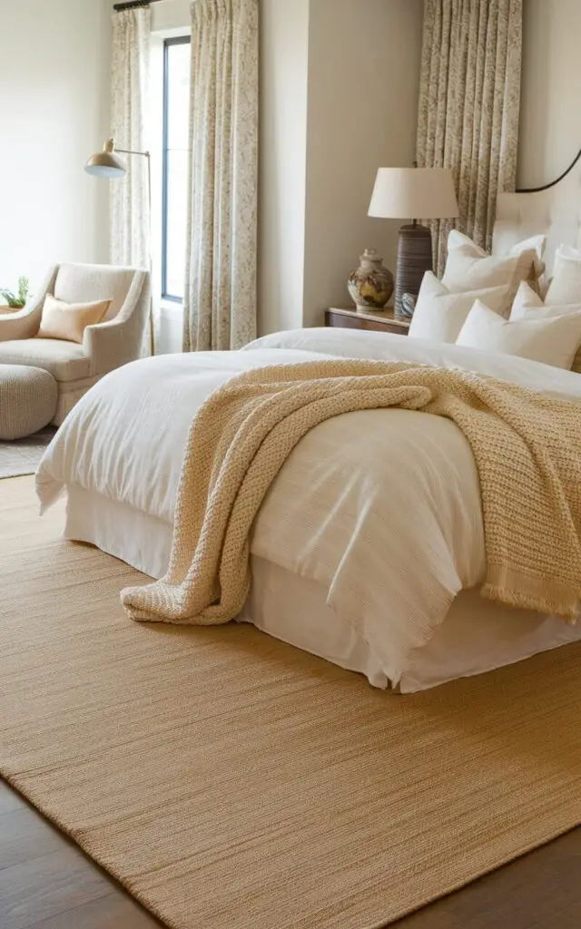 A photo of a spacious bedroom with a large beige area rug placed strategically under a very cozy bed with layers of white and cream bedding. The rug extends beyond the sides of the bed, defining the sleeping zone within the room. The surrounding decor includes a reading nook with an upholstered chair and a floor lamp, as well as a textured knit blanket draped over the bed.