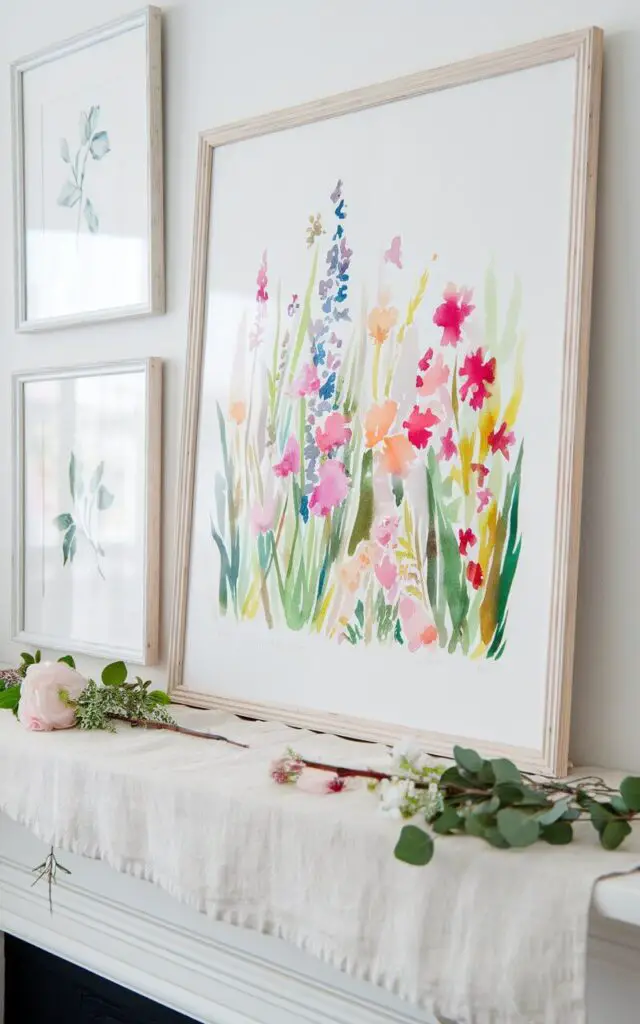 A spring mantel with a framed watercolor painting of a blooming flower garden. The artwork is accompanied by smaller frames showcasing botanical sketches. A soft linen runner anchors the setup, while a few sprigs of fresh greenery and pastel blooms tie the elements together. The colors and patterns in the art echo the liveliness of spring.