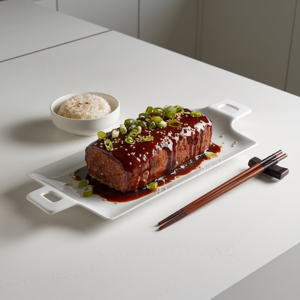 A photo of a pristine, bright white kitchen countertop with an elegant Asian-inspired meatloaf on a modern, sleek white rectangular platter. The meatloaf is coated with a luscious, glossy hoisin glaze and is sprinkled with green onions and sesame seeds. There is a small bowl of steamed jasmine rice beside the meatloaf, and a pair of traditional wooden chopsticks is placed neatly. The dish is presented with a sense of understated sophistication.