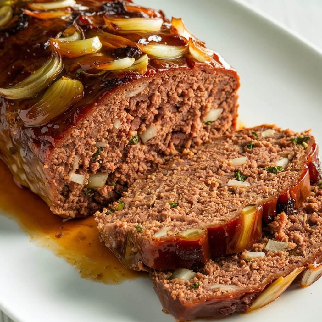 A photo of a partially sliced meatloaf on a white plate. The meatloaf has a caramelized, glossy exterior with visible chunks of sautéed onions and a rich, slightly reddish glaze coating the top. The interior of the meatloaf is densely packed, very cooked, showing finely cooked brown ground meat mixed with small pieces of onions, herbs, and possibly breadcrumbs for texture. Two slices of the meatloaf are cut and placed at an angle in front of the loaf, exposing the moist and flavorful interior. A small pool of juices from the meatloaf is visible near its base, adding a sense of freshness and richness to the dish. The white plate is simple and contrasts with the warm, inviting tones of the meatloaf. The lighting highlights the glistening surface of the glaze and the texture of the meat, making the dish appear appetizing and homemade.