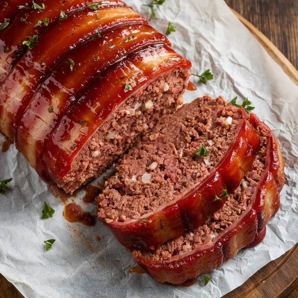 A close-up, top-down view of a bacon-wrapped meatloaf that is partially sliced to reveal its interior. The meatloaf sits on a sheet of crinkled parchment paper atop a wooden cutting board, creating a rustic and homey presentation. The exterior of the meatloaf is wrapped entirely in strips of crispy, caramelized bacon, coated in a glossy, deep-red glaze. The glaze has a sticky texture, with a slightly shiny finish, enhancing the rich, savory appearance. Small flecks of chopped parsley are sprinkled over the top and surrounding the meatloaf for a pop of fresh green color. The interior of the meatloaf is moist, brown, and crumbly, showcasing a mixture of ground meat blended with finely chopped onions, celery, and herbs. The texture is hearty, with visible specks of seasoning and small vegetable chunks adding to the rustic appeal. A single thick slice has been cut and positioned