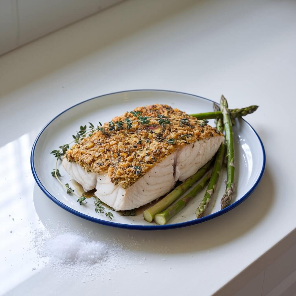 A photo of a baked halibut with a crisp herb crust, served on a white plate. The fish is garnished with fresh thyme and asparagus. The plate sits on a bright white kitchen countertop. There is a light sprinkle of sea salt on the countertop. The background is clean and simple.