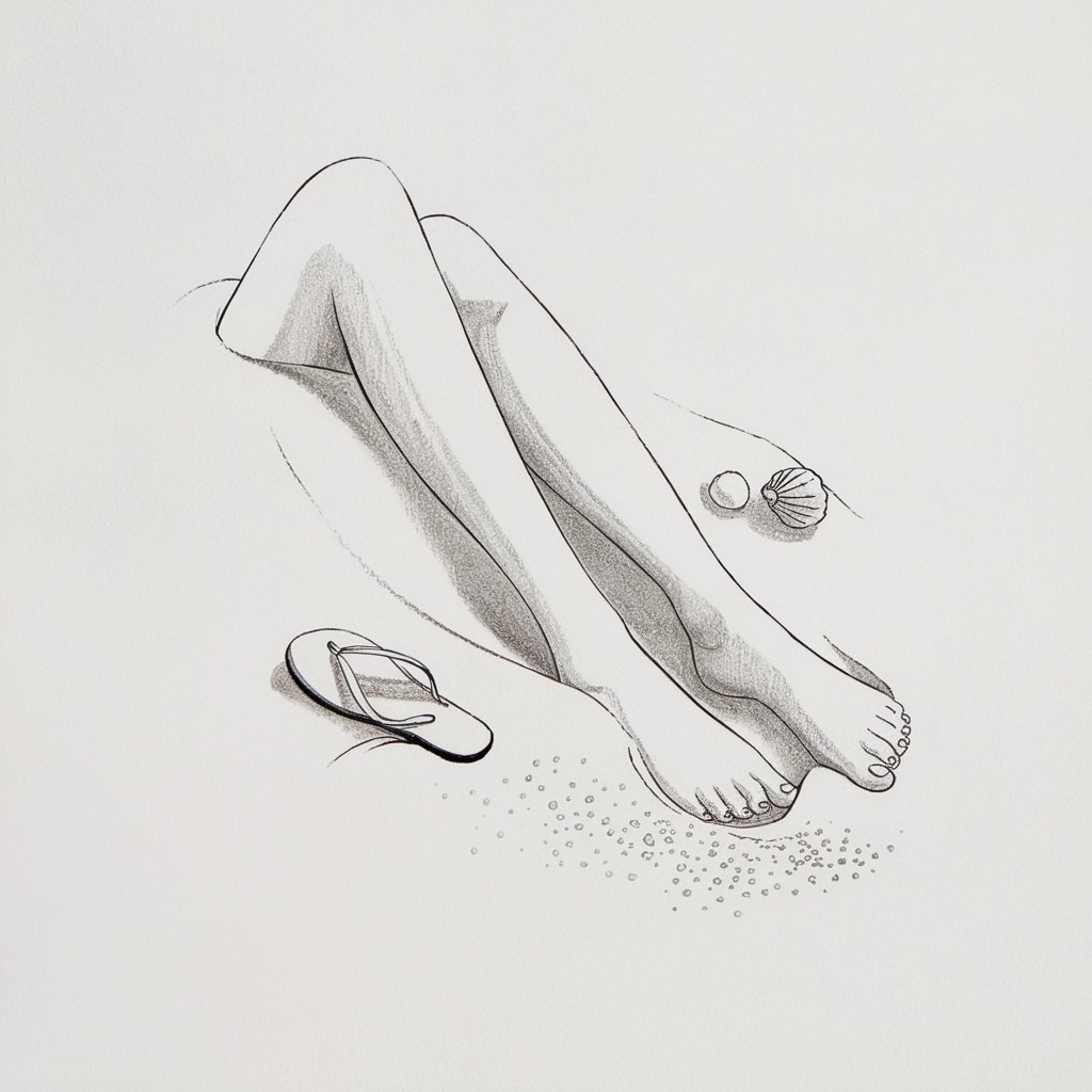 A minimalist, plain white background pencil drawing illustration of legs partially buried in soft sand. The toes are slightly flexed, with grains of sand sketched lightly to indicate texture. Smooth shading highlights the gentle curves of the legs and the relaxed positioning of the feet. Small details like a seashell or flip-flop nearby add a summery vibe. Drawn in a simplistic style, the composition maintains clarity and tranquility.