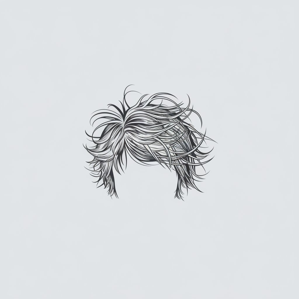 A minimalist, plain white background pencil drawing illustration of messy, unkempt hair with strands sticking out in all directions. The hairstyle is drawn in a simplistic style, with light, sketchy lines emphasizing the natural and humorous chaos of bedhead.