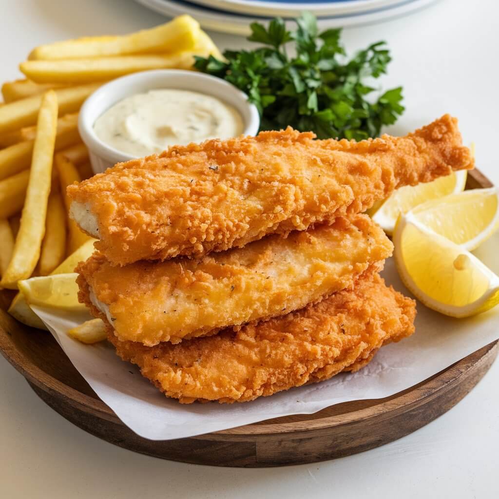 A photo of golden-brown, crispy beer-battered fish pieces stacked on a wooden tray. Nearby are tartar sauce, lemon wedges, fries, and parsley for a fresh touch. The fish is crunchy and fried to perfection, made with just flour and egg—no breadcrumbs. It's all set on a bright white countertop.