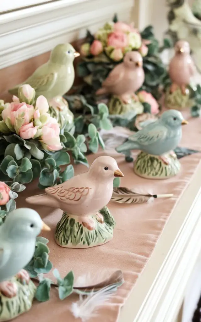 A photo of a charming spring mantel decorated with ceramic bird figurines in soft pastel tones. The birds are perched among greenery and small floral arrangements. A soft beige runner anchors the display, while a few feathers scattered across the mantel add an extra layer of whimsy.