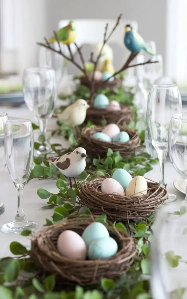 A photo of a whimsical spring dining table with bird figurines and small nests as decor. The nests are filled with pastel eggs and placed at each setting. The centerpiece includes greenery with decorative birds perched on branches, creating a charming springtime aesthetic.