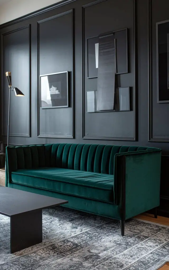 A photo of a chic and modern living room with a deep green couch framed by black accents. The couch sits on a gray patterned rug. A matte black coffee table is placed in front of the couch. The walls are adorned with black-framed artwork. A floor lamp with a sleek black base provides ambient lighting. The contrast between the deep green couch and bold black details creates a striking, contemporary vibe.