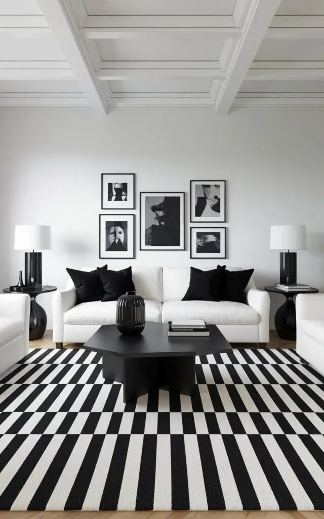 A bold living room with a black-and-white striped living room rug that creates a dramatic, high-contrast effect. The very cozy white sofa is styled with black throw pillows to echo the rug's pattern. A sleek black coffee table with geometric lines and minimalist décor, including a monochromatic gallery wall, enhance the room's sharp and modern look. The rug adds a touch of sophistication while maintaining a cohesive design.