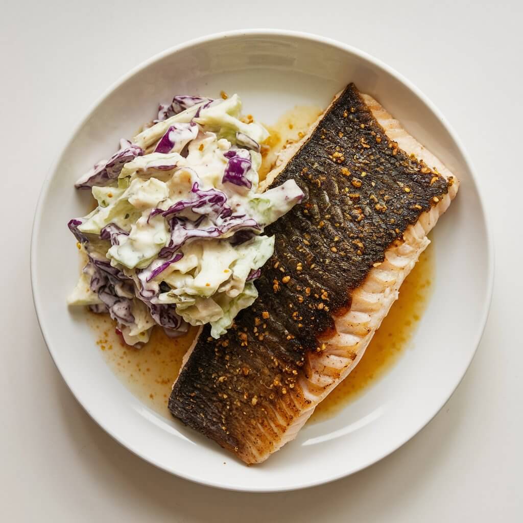 A photo of a dark brown-crusted tilapia fillet served alongside a scoop of creamy coleslaw. The smoky seasoning on the fish contrasts beautifully with the vibrant white and purple hues of the coleslaw. This hearty dish is set on a simple white plate, centered perfectly on a bright white kitchen countertop.