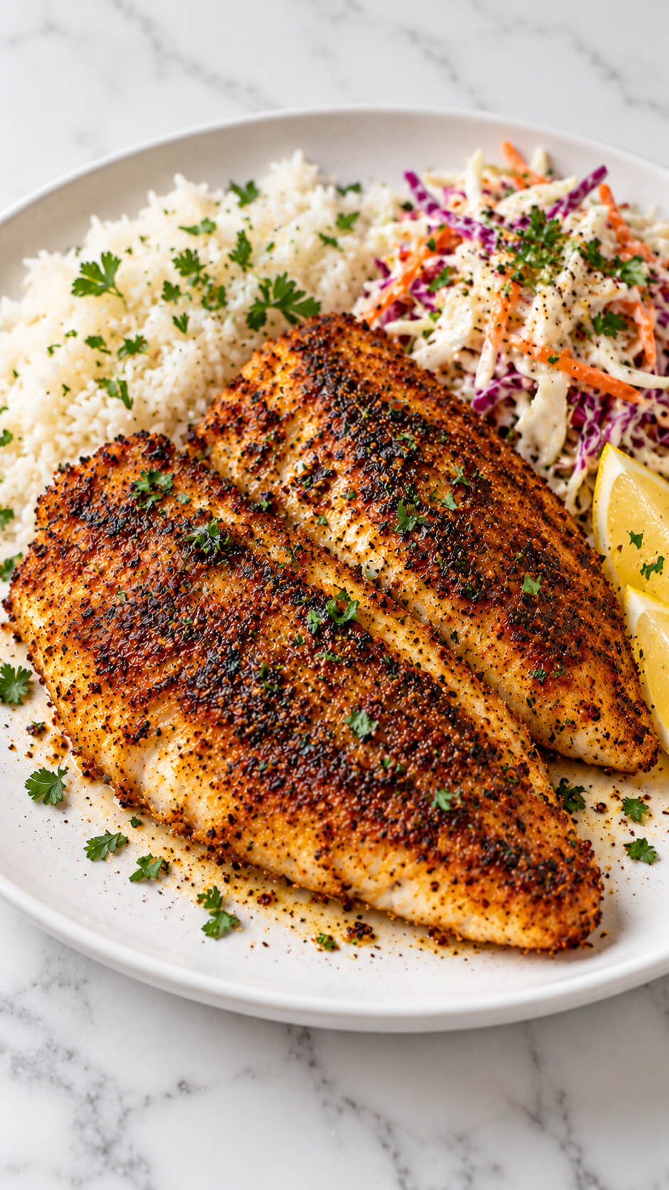 Blackened Tilapia with Rice and Slaw