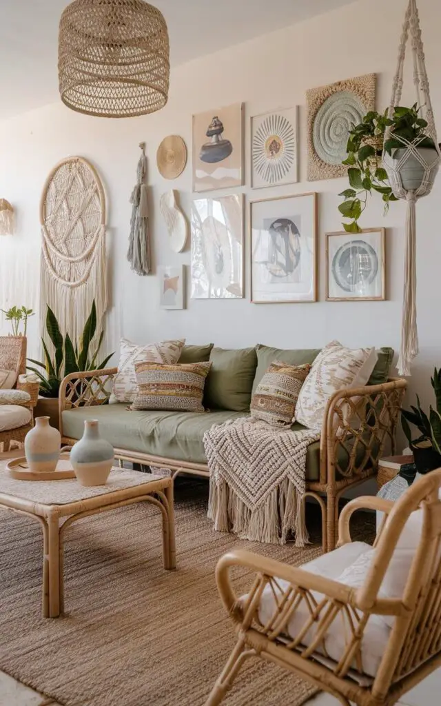 A photo of a bohemian-style living room with a green couch layered with patterned cushions and a macramé throw. The room features rattan furniture, a jute rug, and hanging planters. A gallery of eclectic wall art and a low coffee table with ceramic vases are present. The room has a relaxed and free-spirited vibe.