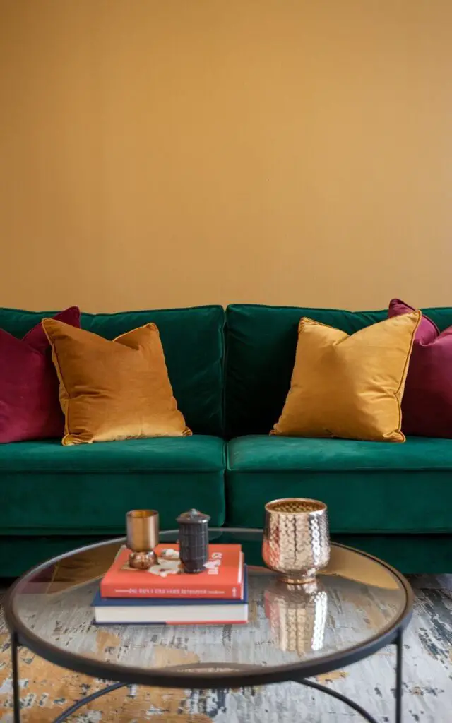 A cozy living room with a green couch placed against a bold mustard yellow accent wall. The couch is adorned with velvet throw pillows in complementary colors like burnt orange and deep red. A round black coffee table with a glass top holds decorative books and a gold candle holder. The vivid wall color highlights the green couch, creating a warm and inviting focal point.