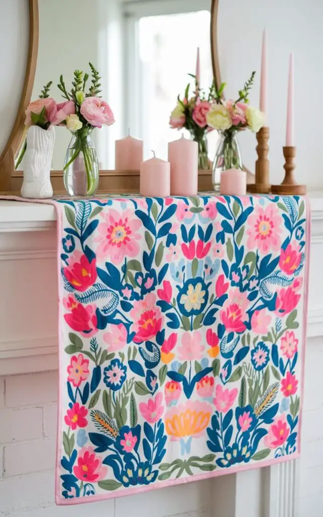 A spring mantel decorated with a bold floral-patterned runner in vibrant pastel hues. The runner is complemented by small vases of fresh flowers, wooden accents, and soft pink candles. The colorful design draws attention to the mantel while creating a cheerful, seasonal vibe.