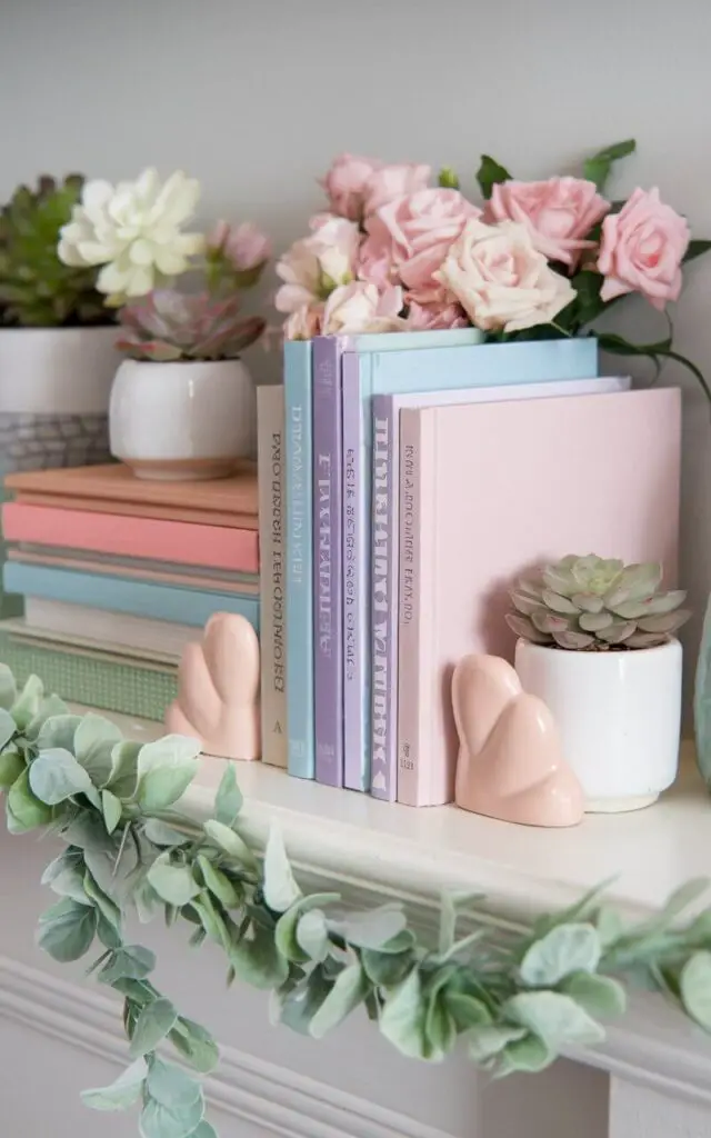 A photo of a layered spring mantel. There's a stack of plain pastel-colored books. Fresh blooms and small potted succulents are arranged on top of the books. Decorative bookends in soft shapes hold the stacks together. A light green garland weaves through the display, adding texture and a cohesive, seasonal look.