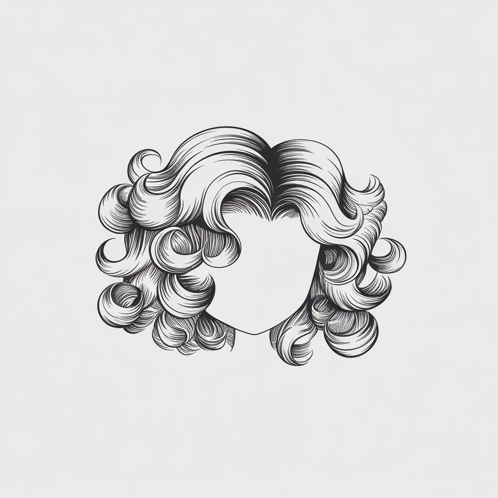 A minimalist, plain white background pencil drawing illustration of a character with voluminous, bouncy curls cascading outward. The curls are drawn in a simplistic style, with rounded loops and soft shading capturing their lively and energetic nature.