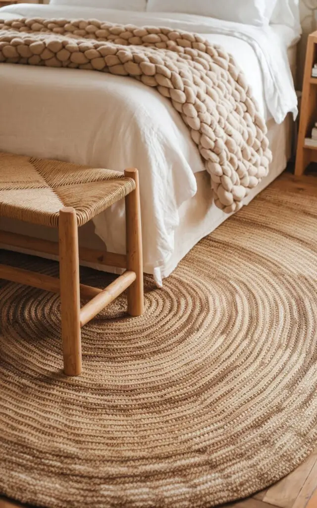 A photo of a rustic bedroom with a beige braided rug under a cozy bed with white linens and a chunky knit blanket. The rug's textured design complements the wooden furniture, including a simple bench and bedside table. The warm tones of the braided rug create a cozy and welcoming space.