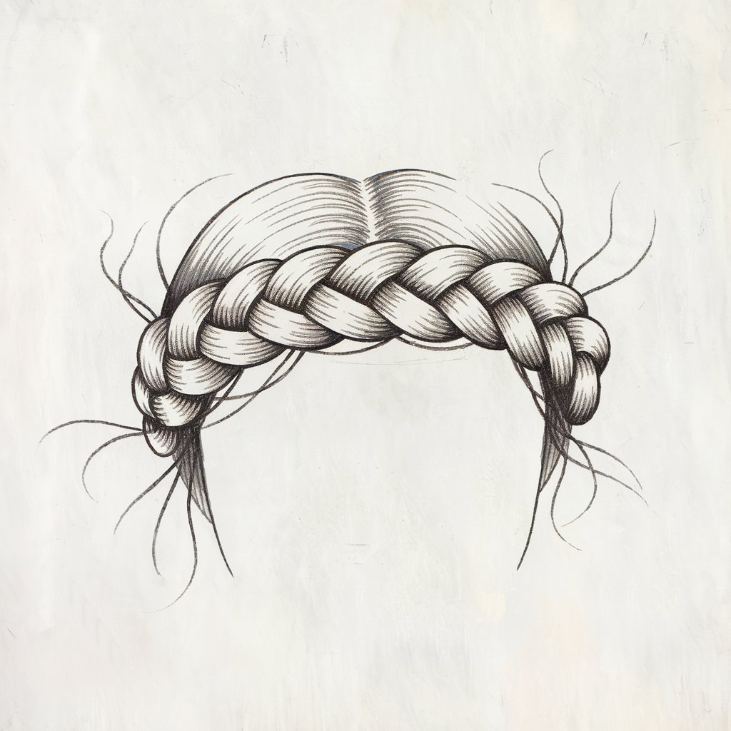 A minimalist, plain white background pencil drawing illustration of a braided crown encircling the head. The braid is drawn in a simplistic style, with neat, interwoven lines and subtle accents of loose strands for a natural, fairy-tale aesthetic.