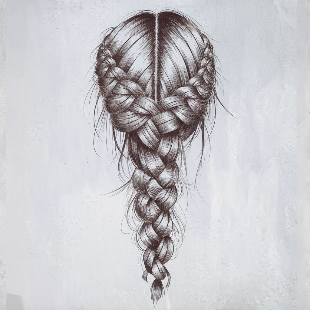 A minimalist pencil drawing illustration of a detailed braid cascading down the back. The braid is drawn in a simplistic style with clear interwoven patterns, subtle flyaways, and light shading to bring out the texture and depth of the strands. The hair is braided into three sections, with the outer sections twisted around the middle one. There is a visible parting line down the center of the braid. The background is a plain white wall.