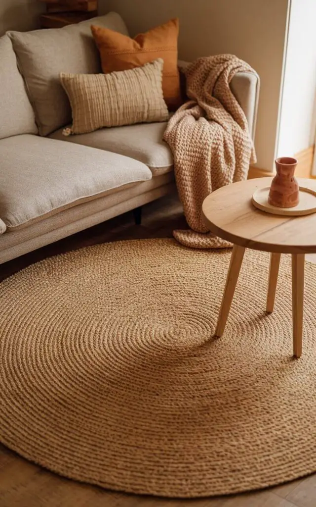 A warm and rustic living room with a circular braided living room rug in a natural tan shade. The cozy sofa in a light gray linen fabric is accessorized with earthy-toned throw pillows and a knitted blanket. A small wooden coffee table with a round top echoes the rug's shape. The braided rug introduces charm and texture, making the living room feel welcoming and grounded.