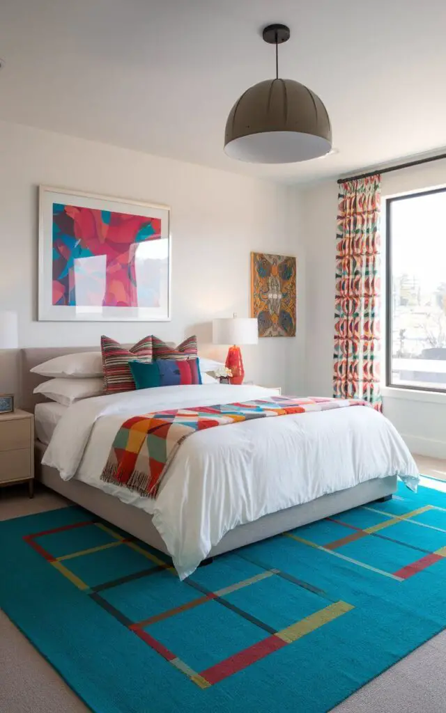 A photo of a vibrant bedroom with a bright teal rug under a cozy bed with crisp white bedding and colorful accent pillows. The bold rug adds a playful energy to the space, which also includes sleek furniture and vibrant artwork. A modern pendant light overhead and a geometric throw blanket tie the look together.