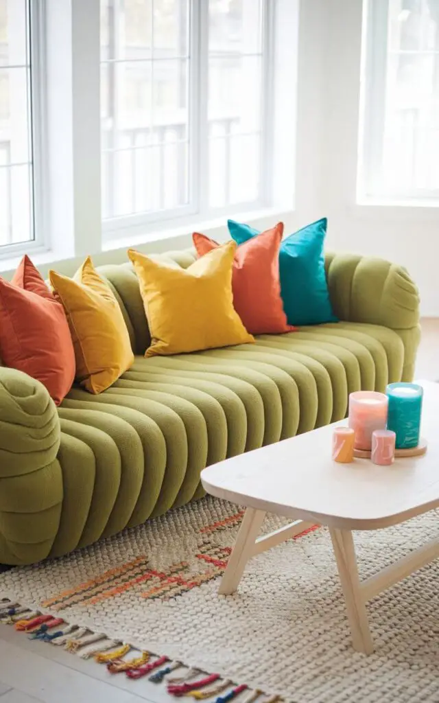 A playful and colorful living room with a very cozy green couch adorned with bright throw pillows in yellow, orange, and turquoise. The couch sits on a textured rug, with a light wooden coffee table holding decorative candles. Large windows flood the room with natural light, creating a cheerful and vibrant atmosphere.